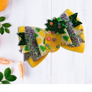 Pineapple Glitter Faux Leather Hair Bow for Girls Handmade NEW